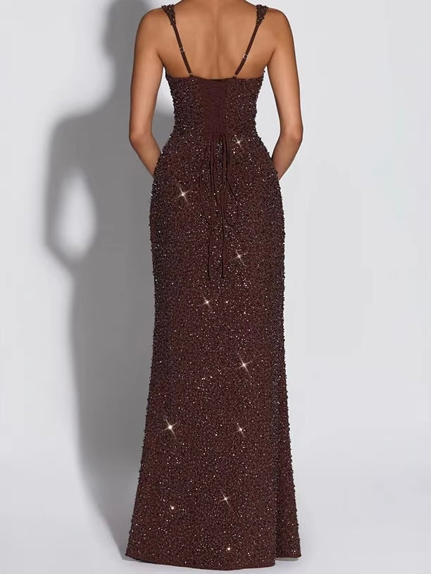 Eva Evening Brown Sequin Maxi Dress