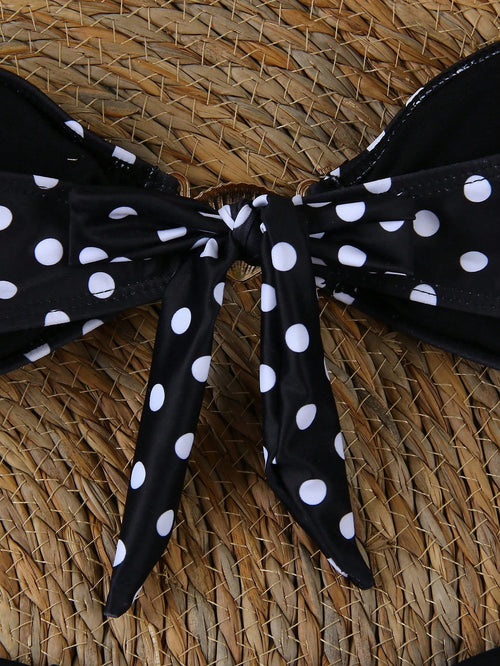 Black Mesh Polka-Dots Bikini Set and Maxi Skirt