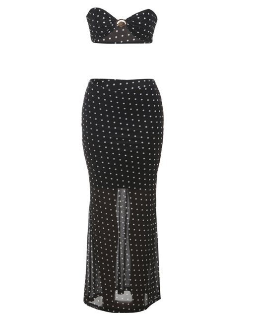 Black Mesh Polka-Dots Bikini Set and Maxi Skirt