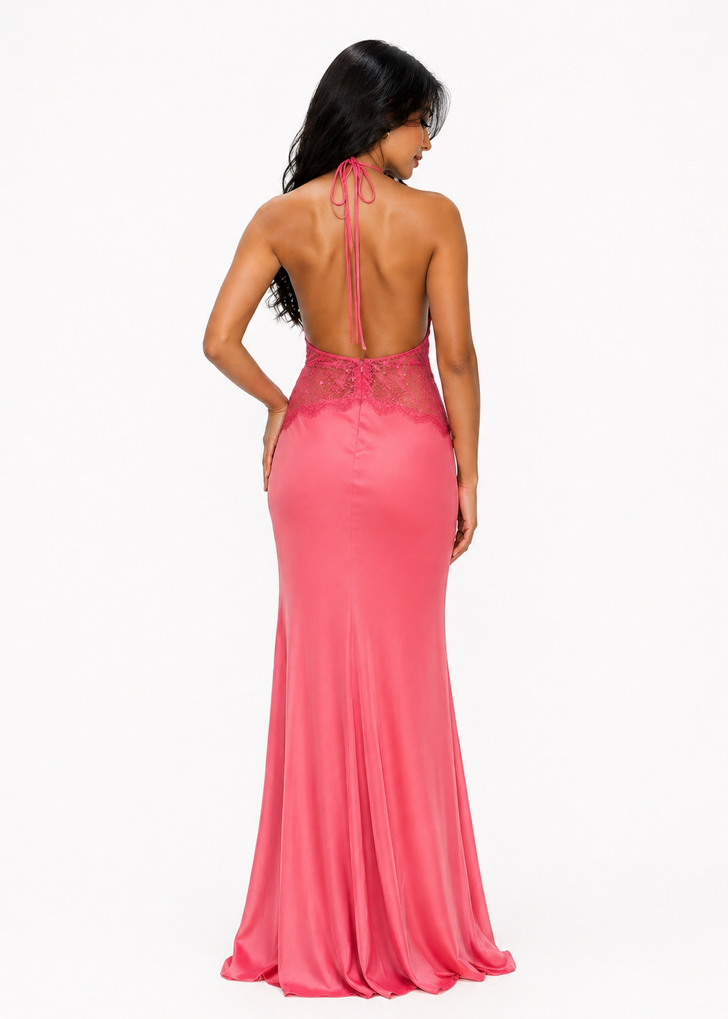 Watermelon Pink Lace Satin Cutout back Maxi Dress
