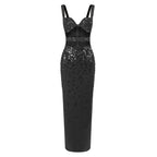 Satin Black Cutout Beaded Bodycon Maxi Dress