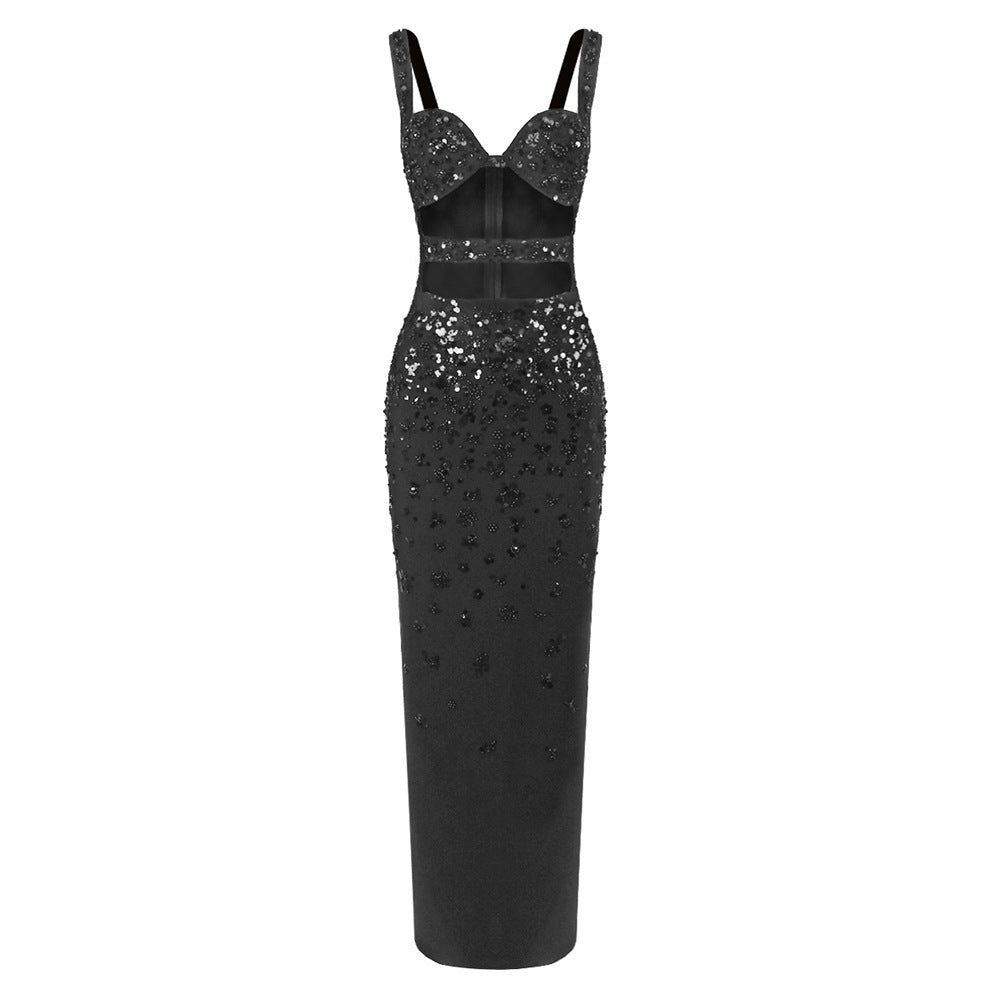 Satin Black Cutout Beaded Bodycon Maxi Dress
