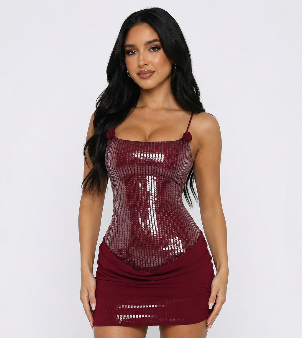 Dalia Flower Strap Sequined Mini Dress - Red