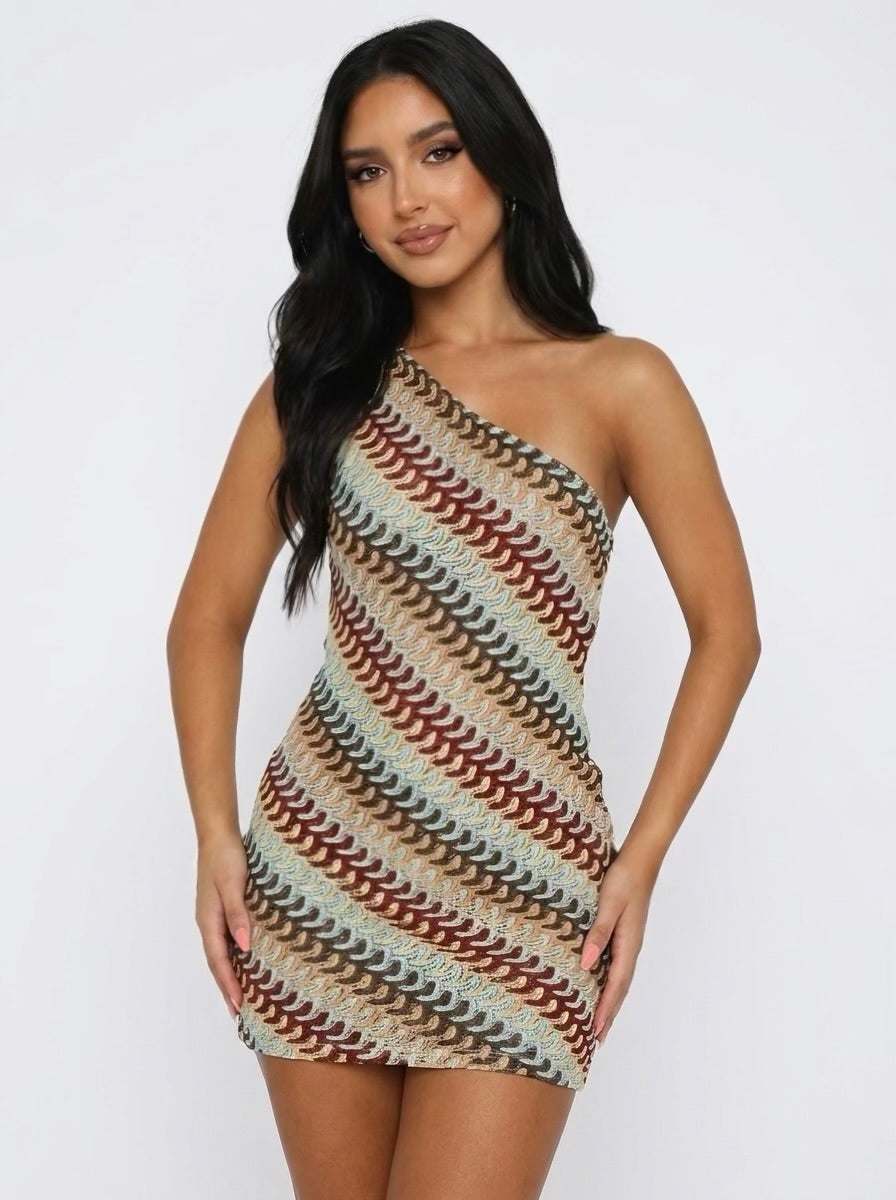 One Shoulder Agua Zigzag Mini Dress