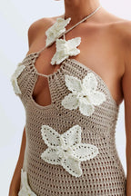 Crochet Flower Halter Neck Knit Maxi Dress