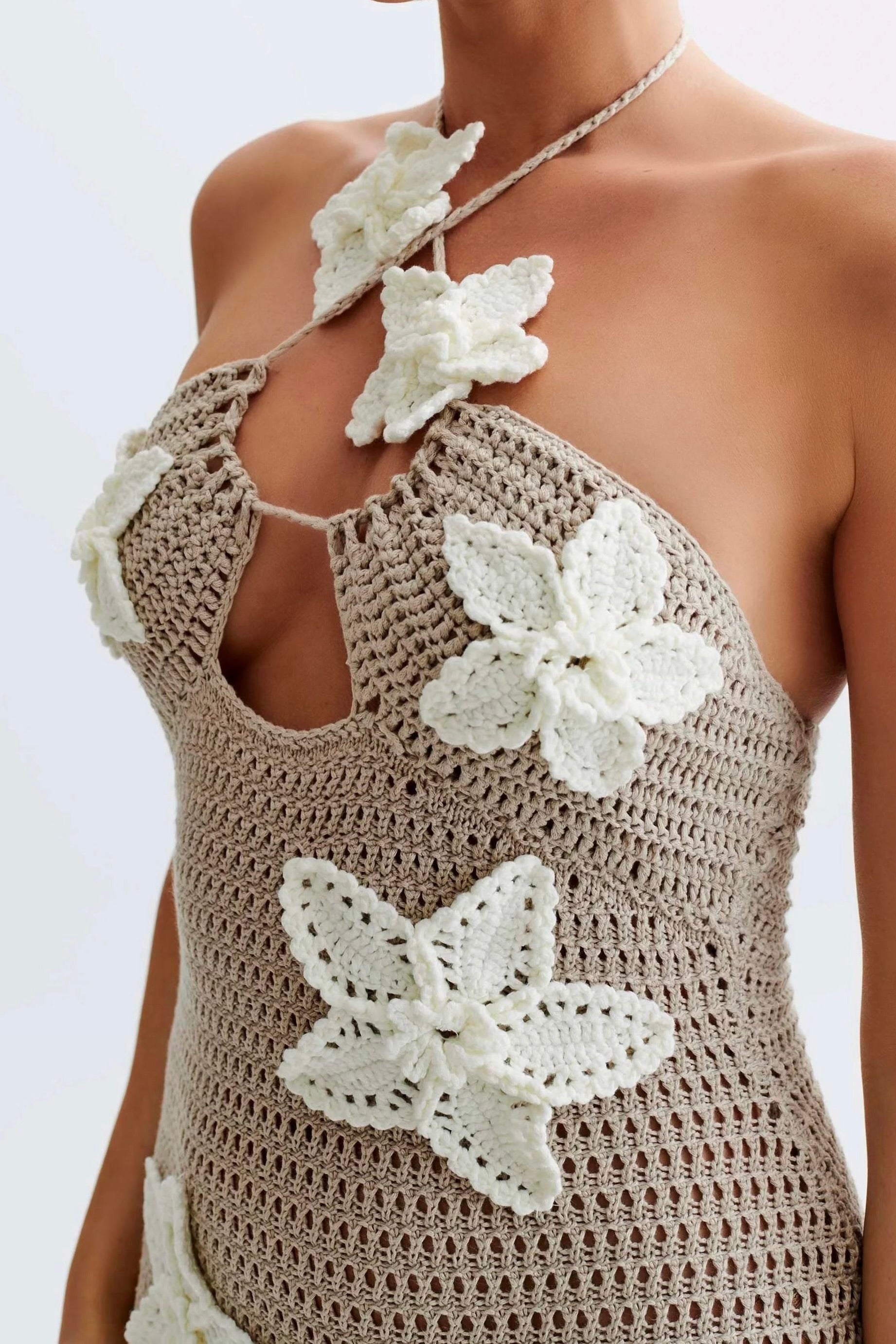 Crochet Flower Halter Neck Knit Maxi Dress