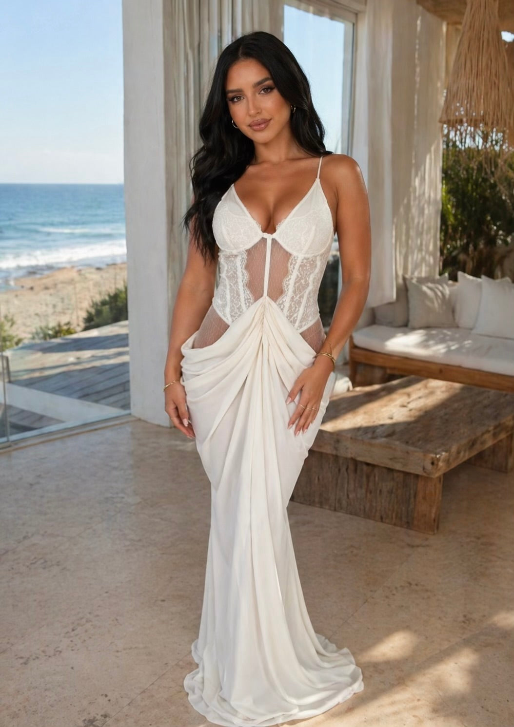 Giselle Lace Mesh Pleated Maxi Dress