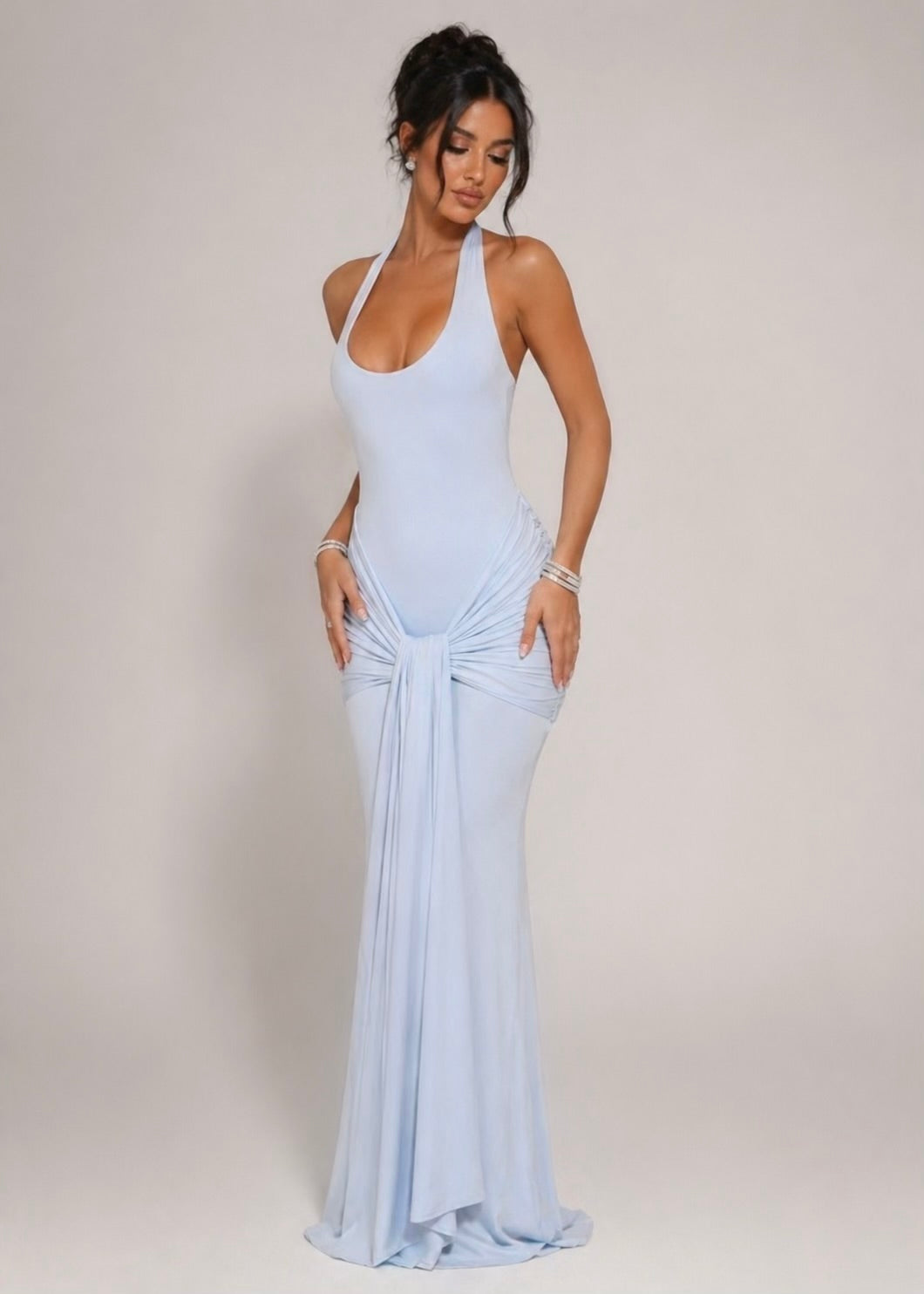 Baby blue U-Neck Ribbon Bodycon Maxi Dress