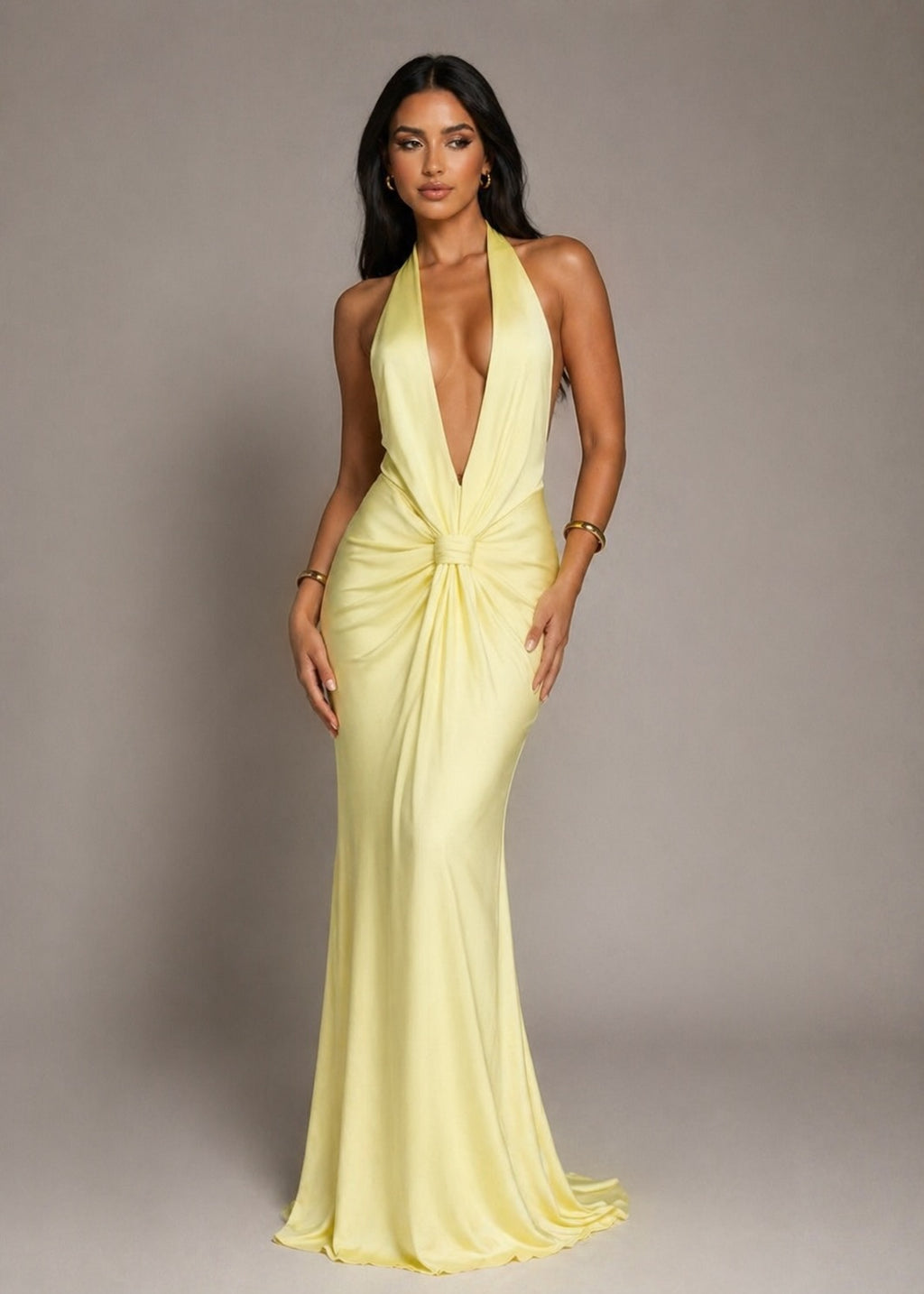 Lemon Halter-neck Low Front Pleated Dress
