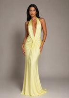 Lemon Halter-neck Low Front Pleated Dress