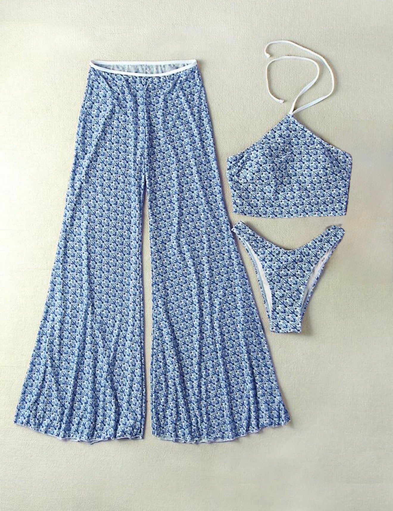 Zigzag Pattern 3-Piece Cover Up Set Halter Neck Top