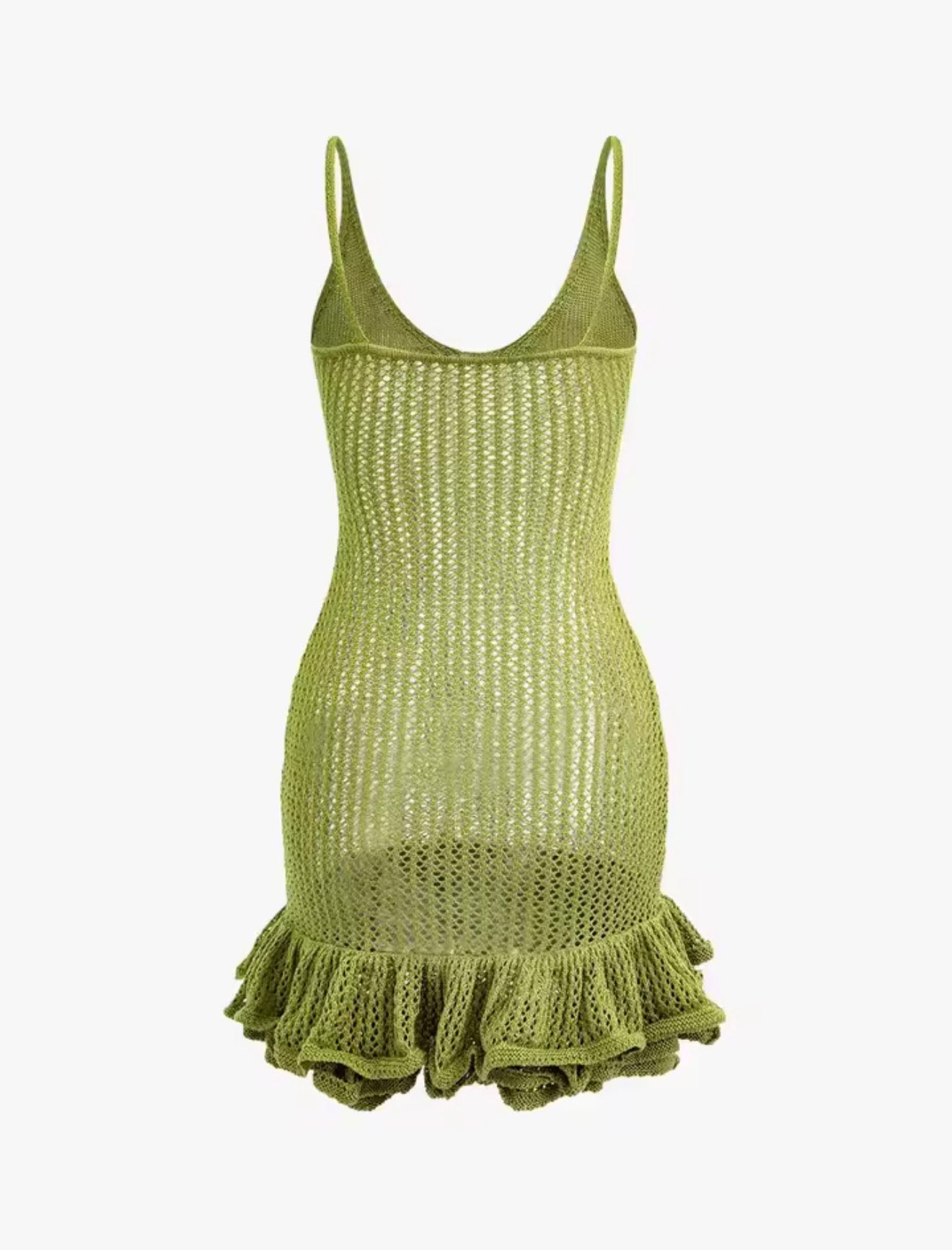 Green Ruffle Hem Crochet Cami Mini Dress
