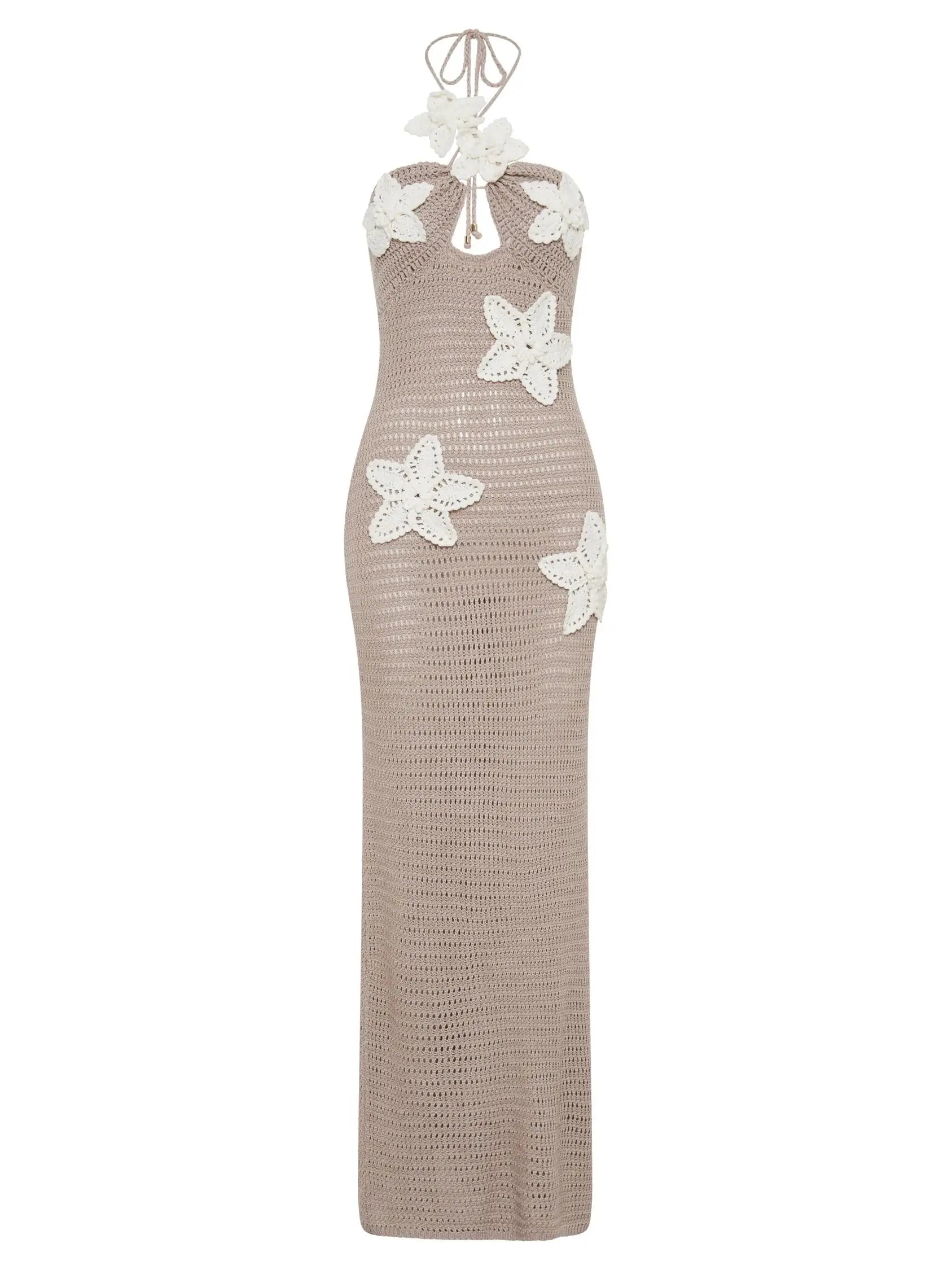 Crochet Flower Halter Neck Knit Maxi Dress