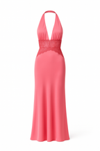 Watermelon Pink Lace Satin Cutout back Maxi Dress