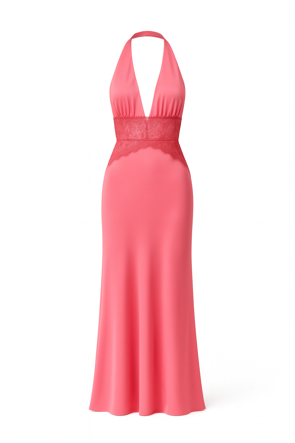 Watermelon Pink Lace Satin Cutout back Maxi Dress