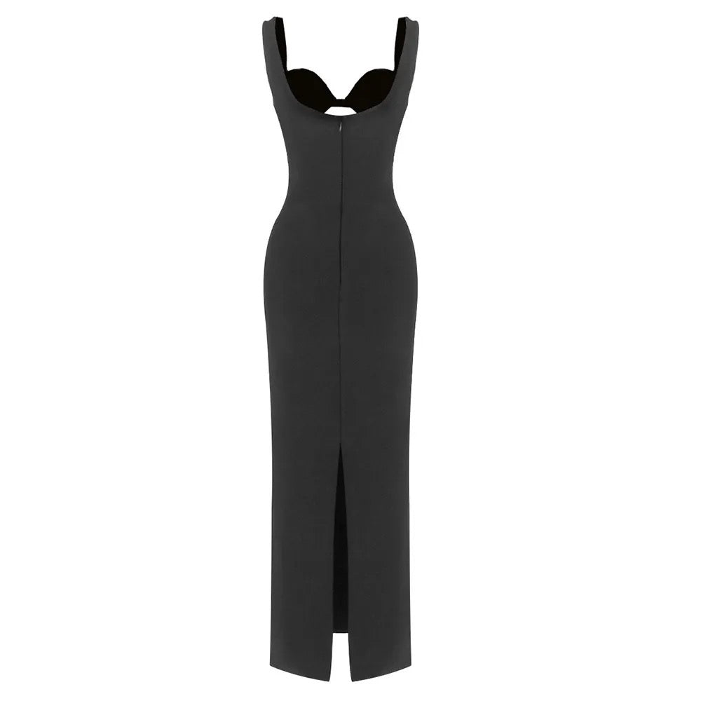 Satin Black Cutout Beaded Bodycon Maxi Dress