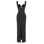 Satin Black Cutout Beaded Bodycon Maxi Dress