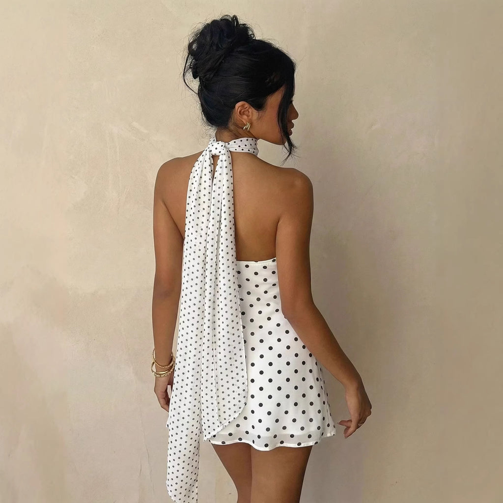 Asymmetrical Polka-dot Mini Dress Scarf Neck Halter