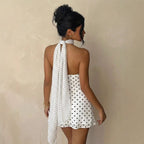 Asymmetrical Polka-dot Mini Dress Scarf Neck Halter