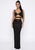 Satin Black Cutout Beaded Bodycon Maxi Dress